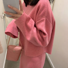 Load image into Gallery viewer, Elegant Ladies Solid Cashmere Sweater  Skirt 2 Piece Set Women Fashion O Neck Long Sleeve Knitted Pullovers Skirt Suits Winter