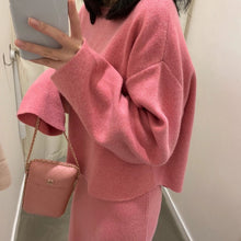 Load image into Gallery viewer, Elegant Ladies Solid Cashmere Sweater  Skirt 2 Piece Set Women Fashion O Neck Long Sleeve Knitted Pullovers Skirt Suits Winter